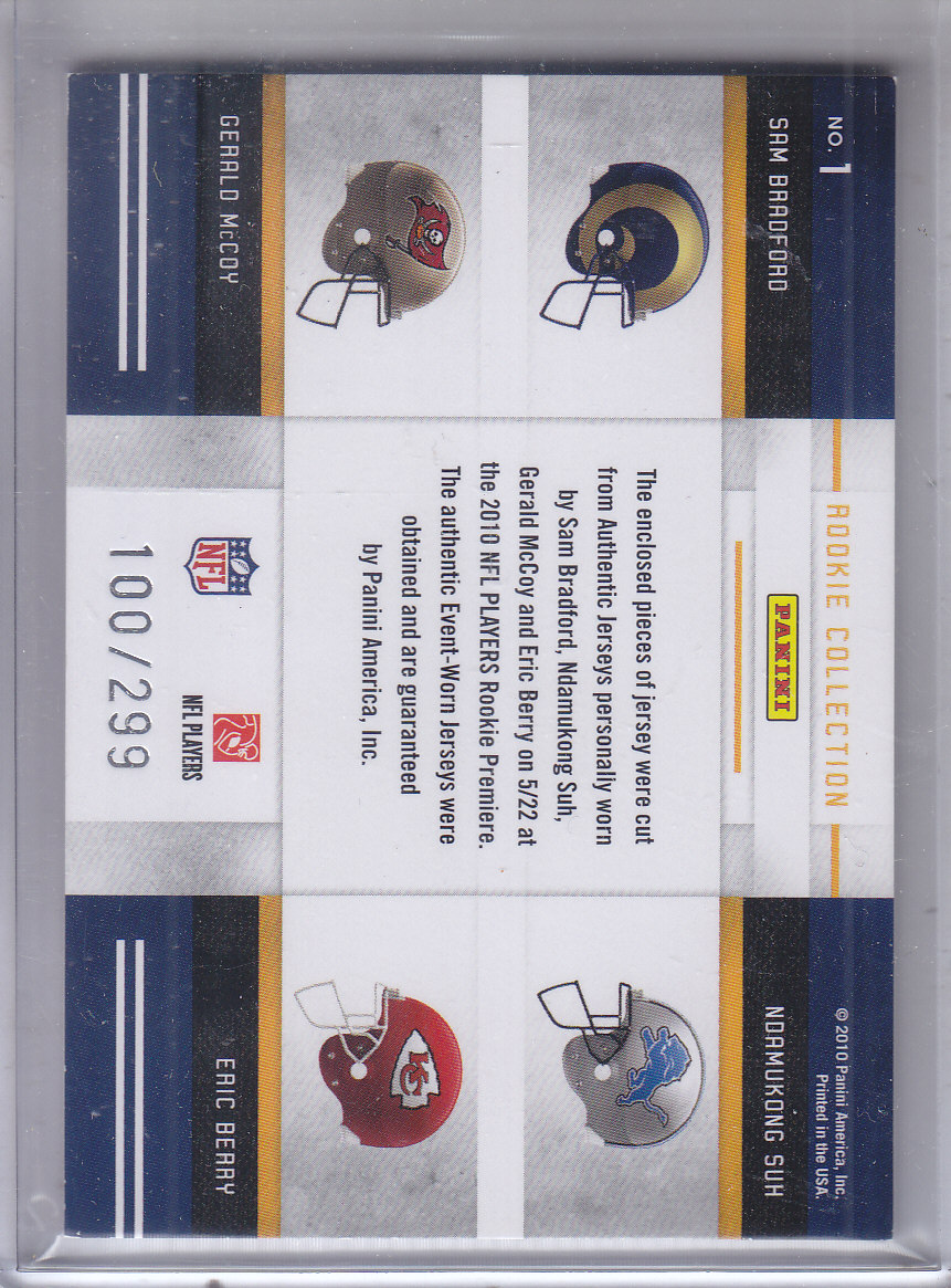 2010 Panini Threads Rookie Collection Materials Quad #1 Sam Bradford/Ndamukong Suh/Gerald McCoy/Eric Berry back image
