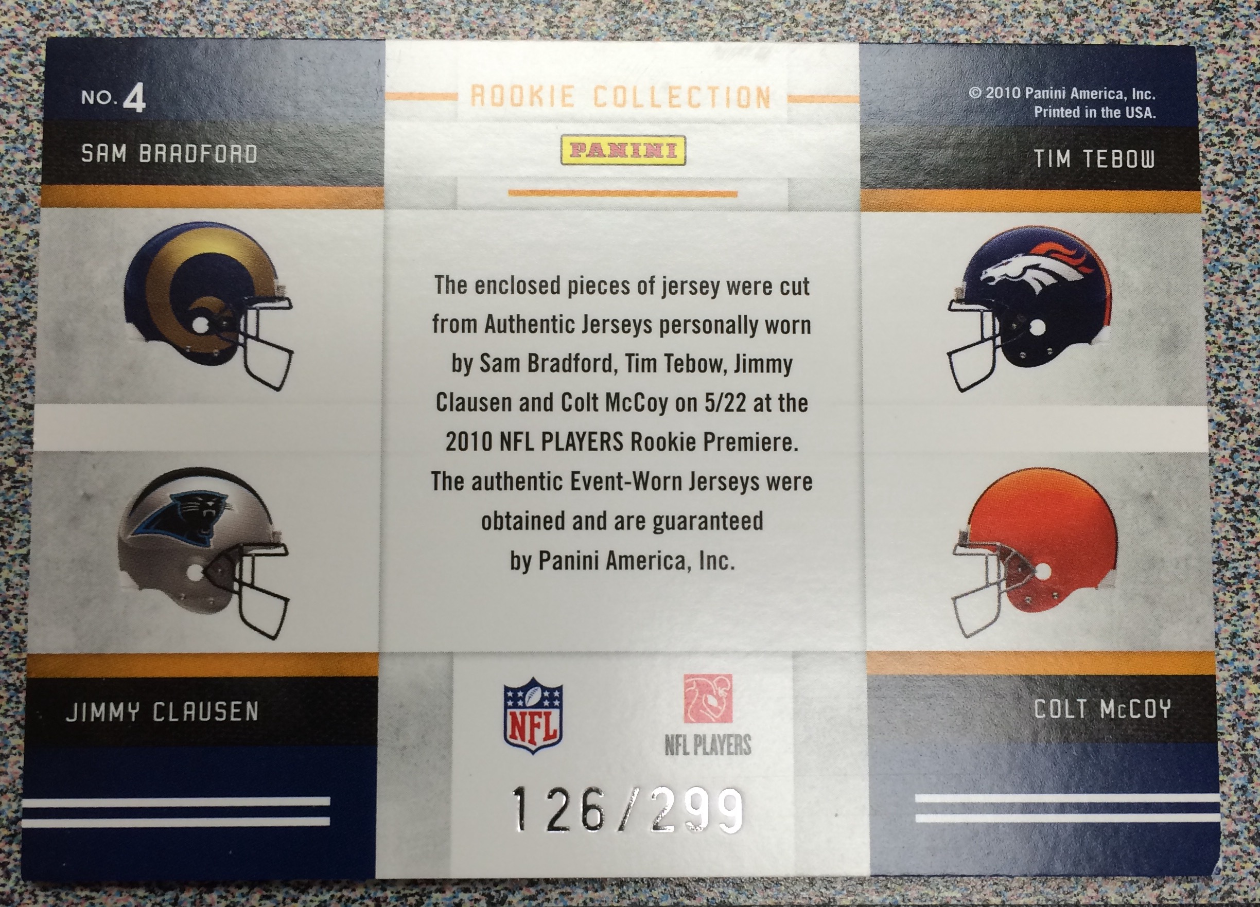 2010 Panini Threads Rookie Collection Materials Quad #4 Sam Bradford/Tim Tebow/Jimmy Clausen/Colt McCoy back image