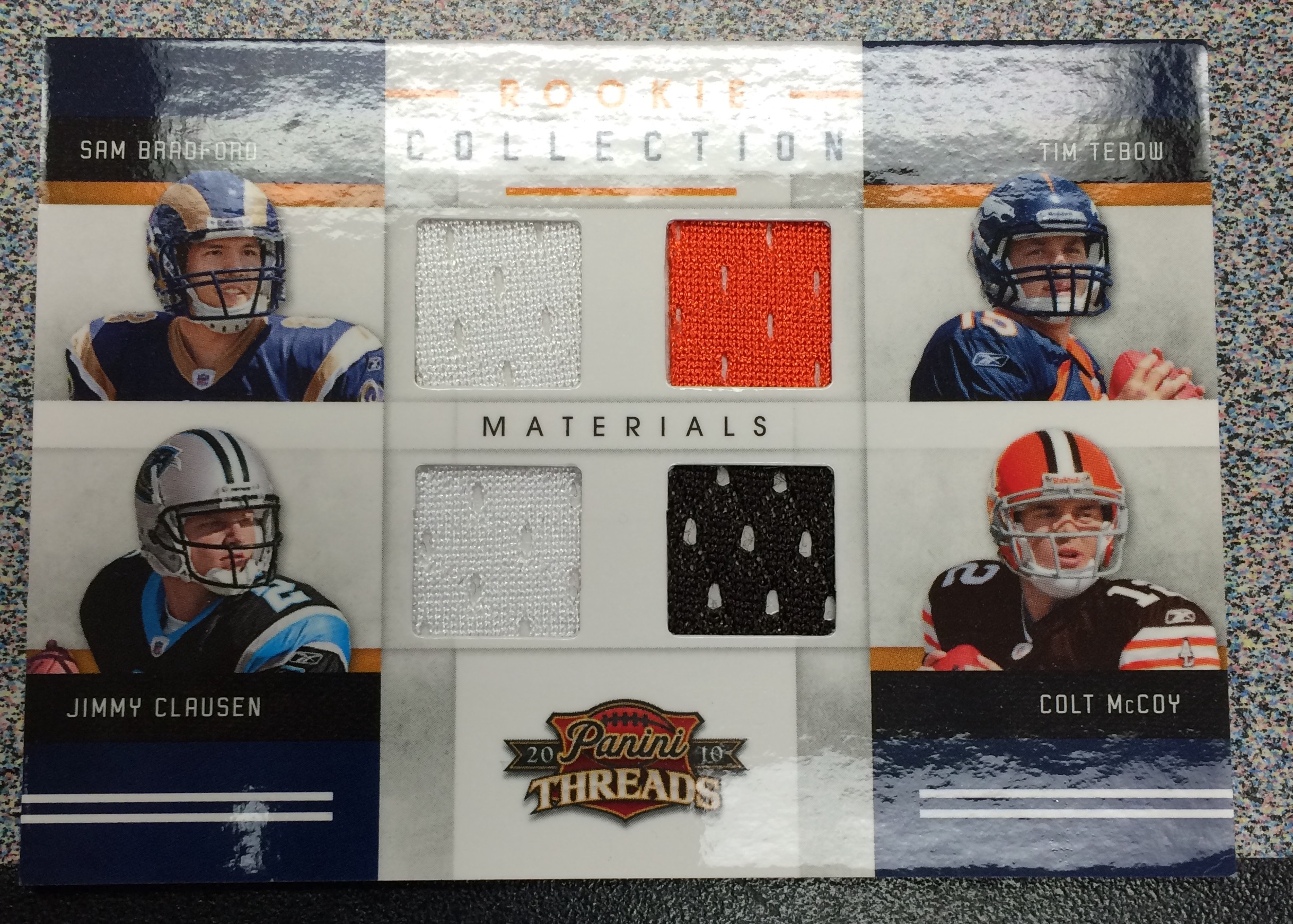 2010 Panini Threads Rookie Collection Materials Quad #4 Sam Bradford/Tim Tebow/Jimmy Clausen/Colt McCoy