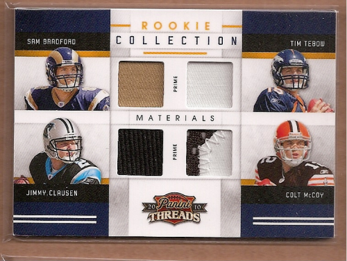 2010 Panini Threads Rookie Collection Materials Quad Prime #4 Sam Bradford/Tim Tebow/Jimmy Clausen/Colt McCoy