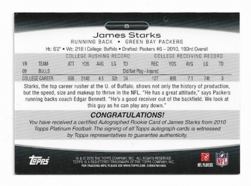 2010 Topps Platinum Rookie Autographs Blue Refractors #8 James Starks back image