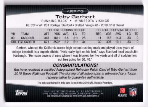 2010 Topps Platinum Autographed Patches #TG Toby Gerhart/500 back image