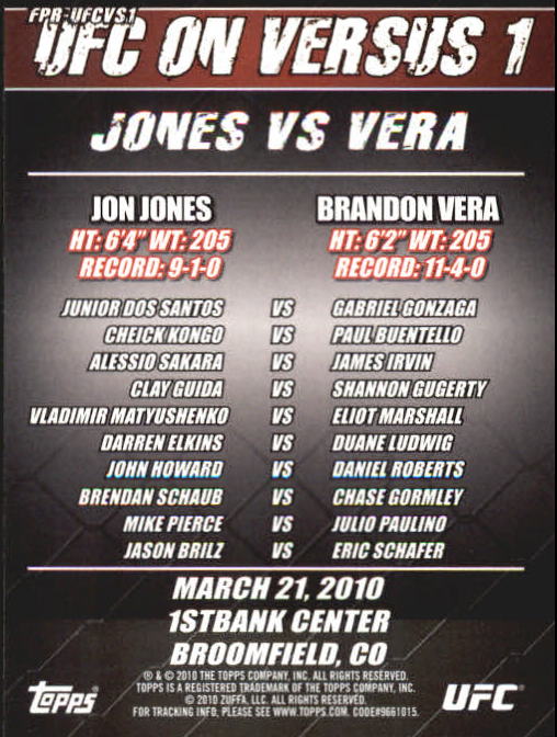 2010 Topps UFC Fight Posters #UFCVS1 UFC on Versus 1/Brandon Vera/Jon Jones/Junior Dos Santos/Gabriel Gonzaga back image