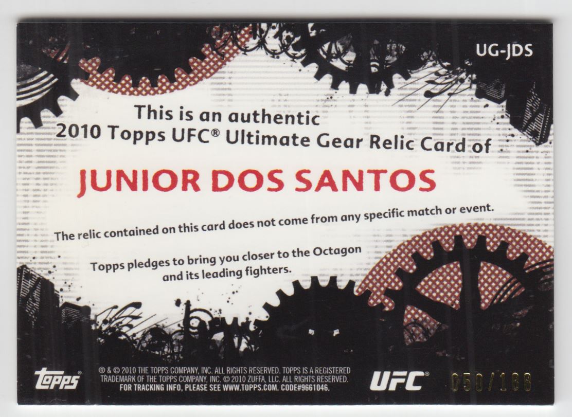 2010 Topps UFC Ultimate Gear Gold #UGJDS Junior dos Santos back image