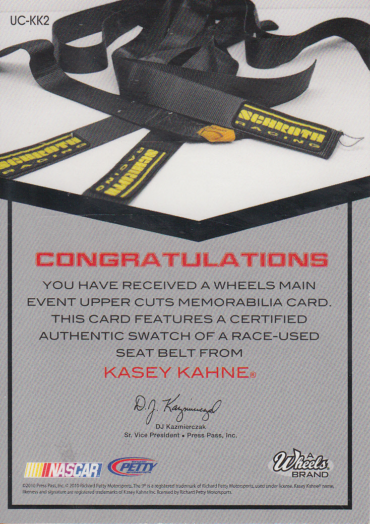 2010 Wheels Main Event Upper Cuts #UCKK2 Kasey Kahne/Seat Belt/199 back image