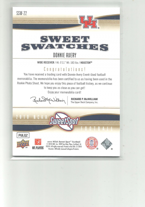 2010 Sweet Spot Sweet Swatches #SSW22 Donnie Avery back image