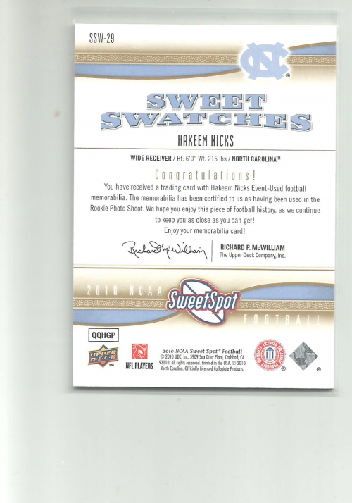 2010 Sweet Spot Sweet Swatches #SSW29 Hakeem Nicks back image
