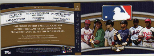 2010 Topps Triple Threads Relic Combos Double Gold #RDC15 Lou Brock/Rickey Henderson/Jacoby Ellsbury/Carl Crawford/Jose Reyes/Jimmy Rollins back image