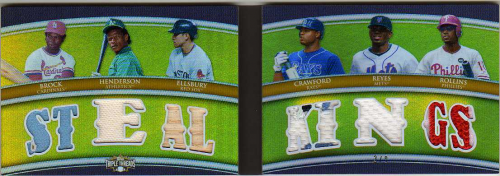 2010 Topps Triple Threads Relic Combos Double Gold #RDC15 Lou Brock/Rickey Henderson/Jacoby Ellsbury/Carl Crawford/Jose Reyes/Jimmy Rollins