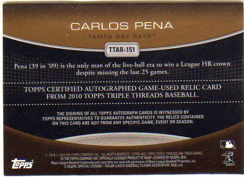 2010 Topps Triple Threads Autograph Relics Gold #AR151 Carlos Pena back image