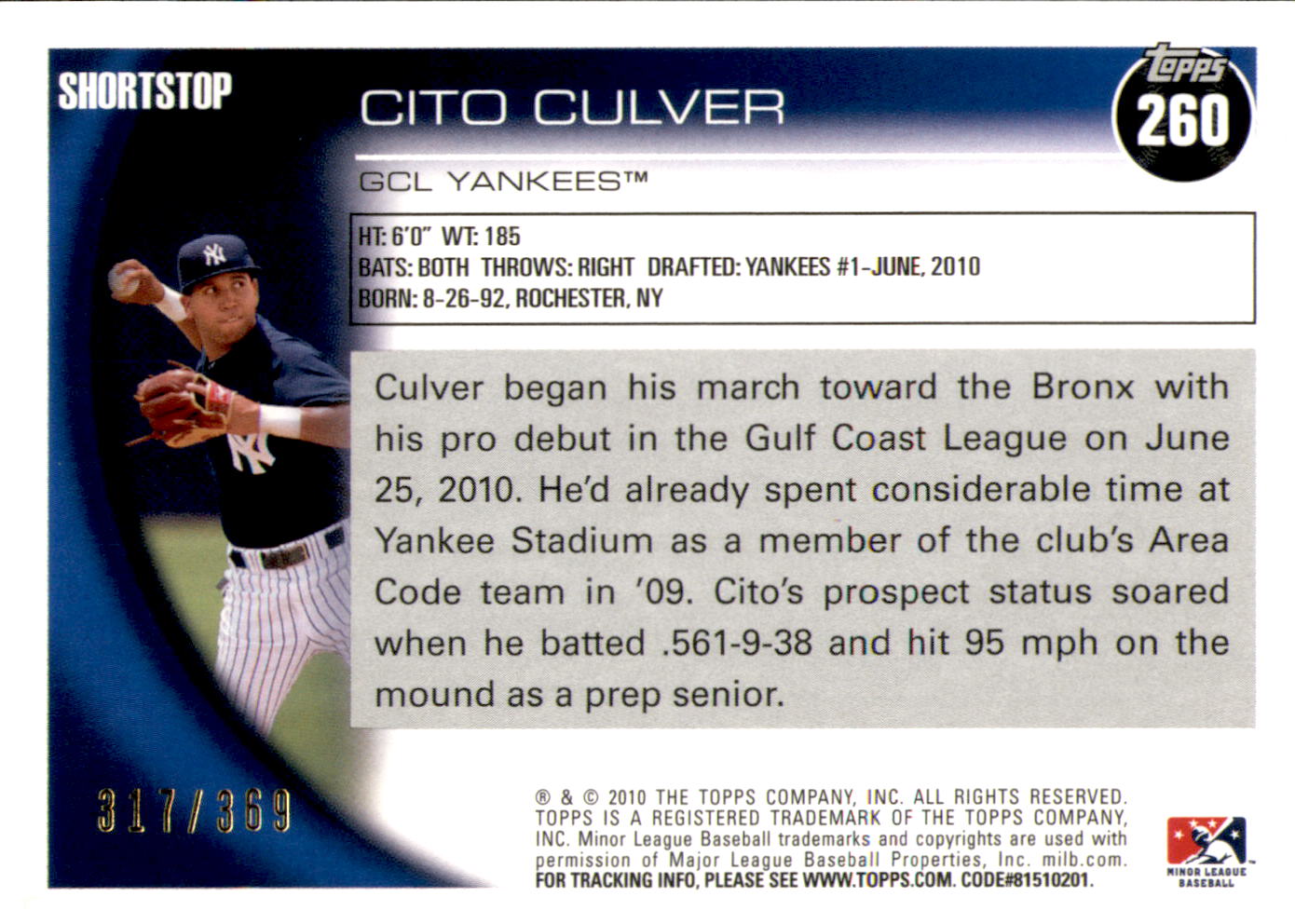 2010 Topps Pro Debut Blue #260 Cito Culver back image