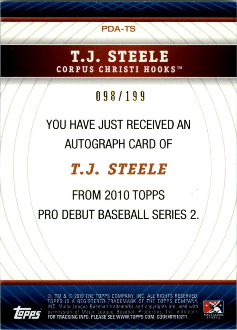 2010 Topps Pro Debut Prospect Autographs Blue #TS T.J. Steele S2 back image