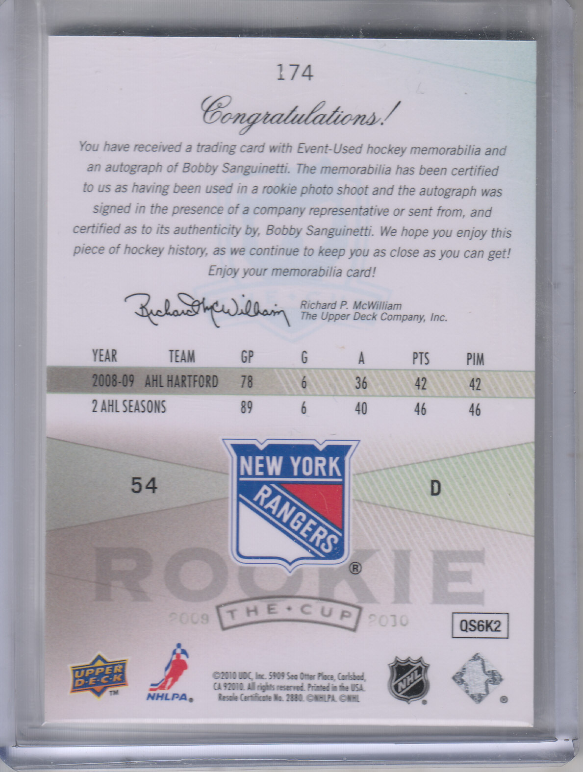 2009-10 The Cup #174 Bobby Sanguinetti JSY AU RC back image