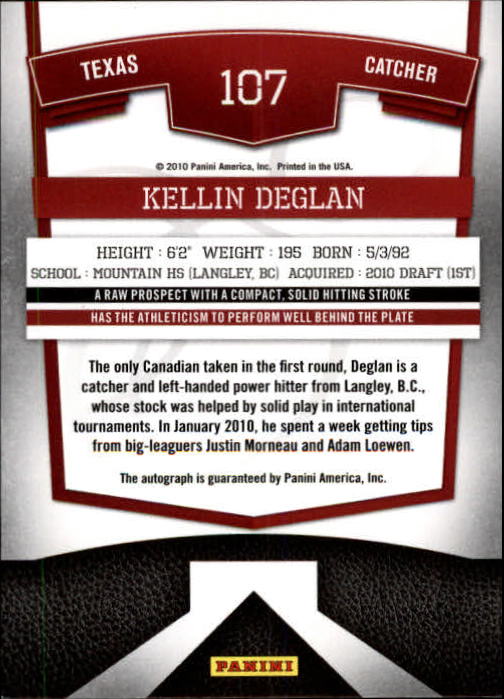 2010 Donruss Elite Extra Edition #107 Kellin Deglan AU/640 back image