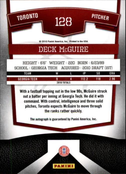 2010 Donruss Elite Extra Edition #128 Deck McGuire AU/441 back image