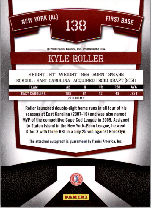 2010 Donruss Elite Extra Edition #138 Kyle Roller AU/810 back image