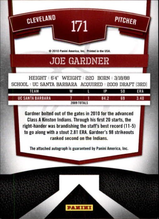 2010 Donruss Elite Extra Edition #171 Joe Gardner AU/819 back image