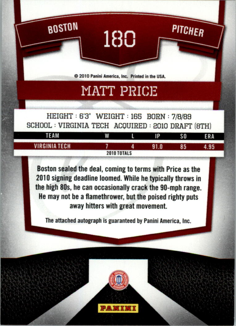 2010 Donruss Elite Extra Edition #180 Matt Price AU/699 back image