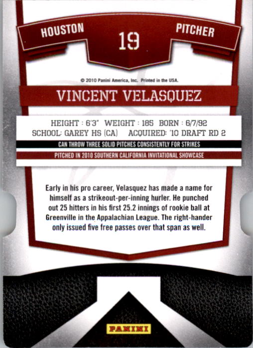 2010 Donruss Elite Extra Edition Status #19 Vincent Velasquez back image