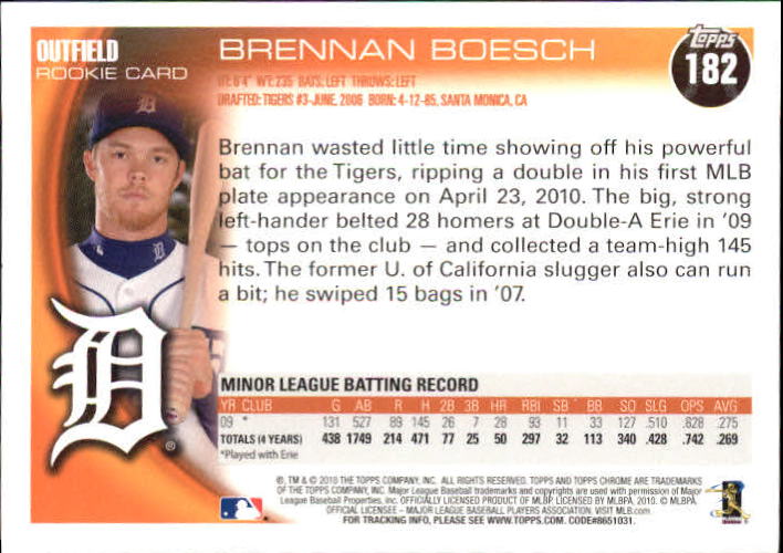 2010 Topps Chrome Rookie Autographs #182 Brennan Boesch back image