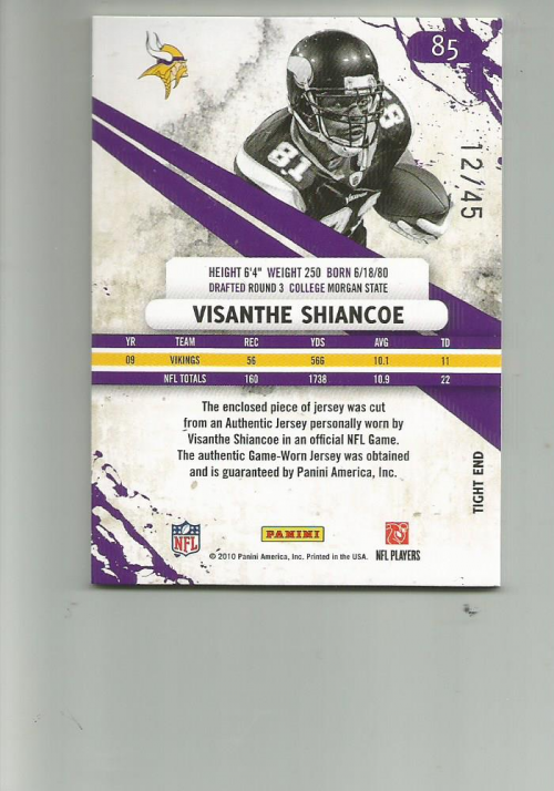 2010 Rookies and Stars Longevity Materials Sapphire #85 Visanthe Shiancoe/45 back image