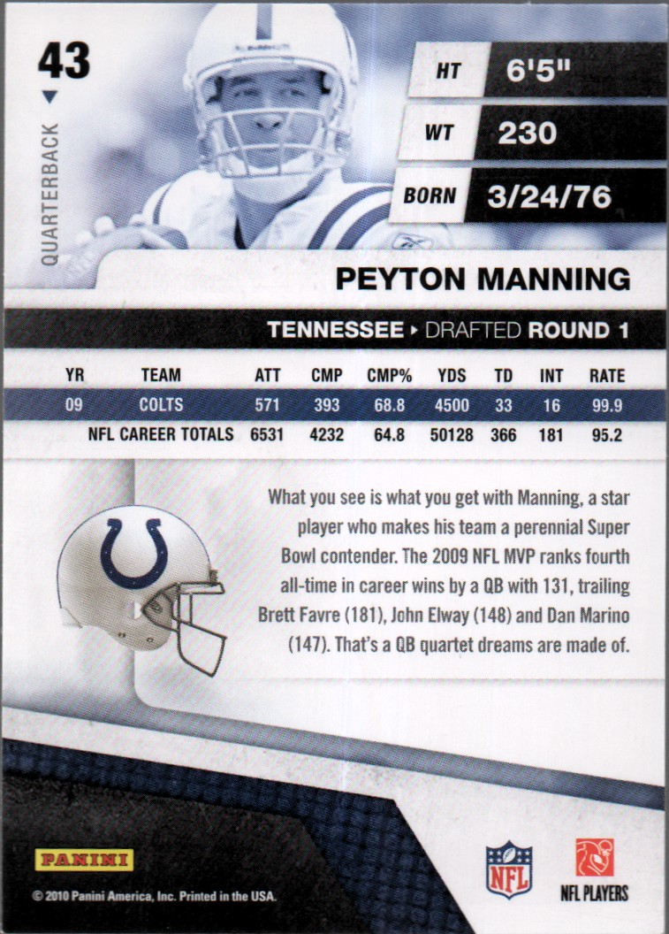 2010 Absolute Memorabilia Retail #43 Peyton Manning back image