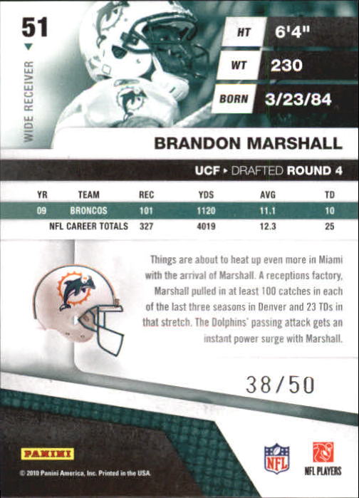 2010 Absolute Memorabilia Spectrum Silver #51 Brandon Marshall back image