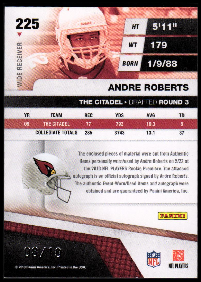 2010 Absolute Memorabilia Rookie Premiere Materials Autographs NFL Spectrum Prime #225 Andre Roberts back image