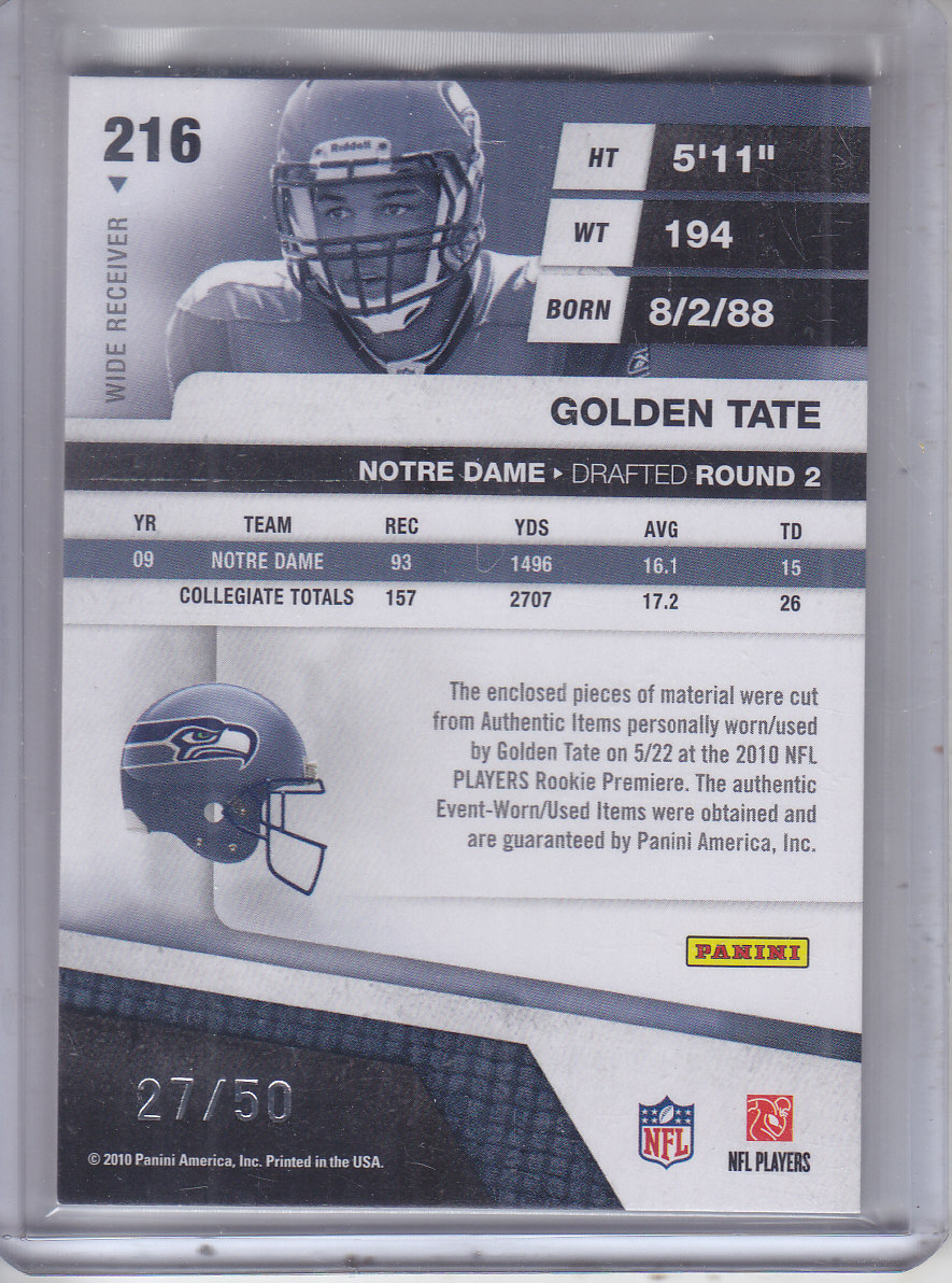 2010 Absolute Memorabilia Rookie Premiere Materials Oversize Jersey Number #216 Golden Tate back image