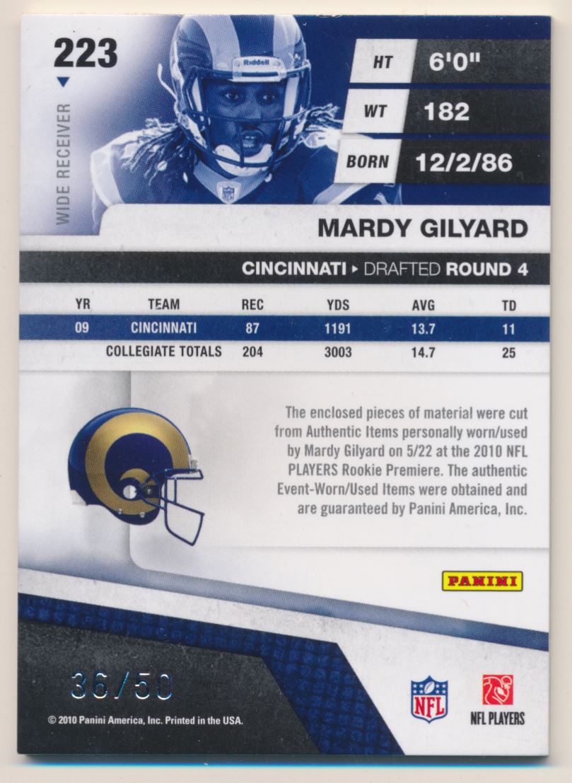 2010 Absolute Memorabilia Rookie Premiere Materials Oversize Jersey Number #223 Mardy Gilyard back image