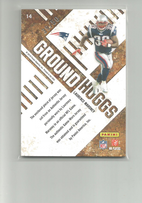 2010 Absolute Memorabilia Ground Hoggs Materials Jersey Number #14 Laurence Maroney/50 back image