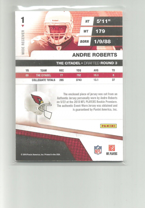 2010 Absolute Memorabilia Rookie Jersey Collection #1 Andre Roberts back image