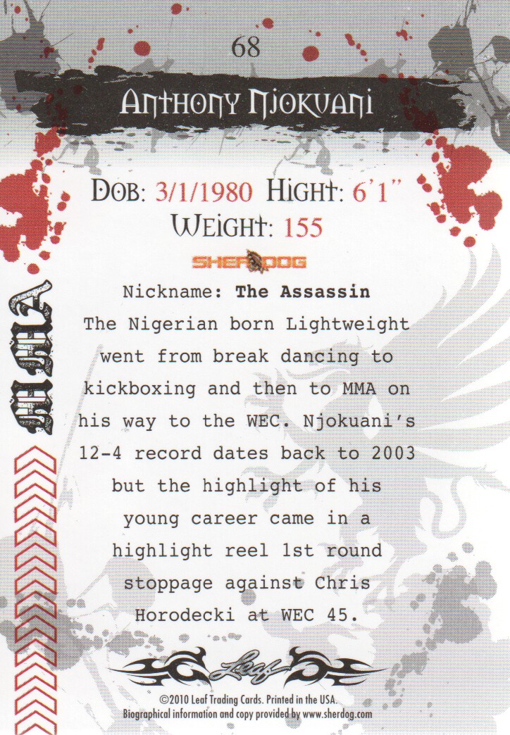 2010 Leaf MMA #68 Anthony Njokuani back image