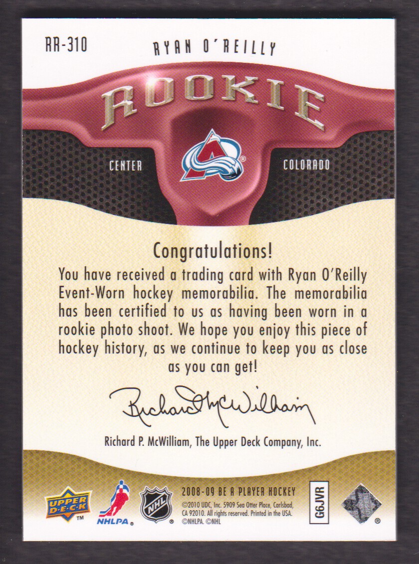 2008-09 Be A Player Rookie Redemption Bonus #RR310 Ryan O'Reilly JSY back image