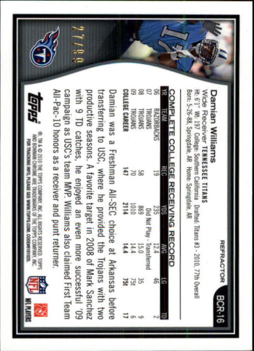 2010 Bowman Chrome Rookie Preview Inserts Refractors #BCR16 Damian Williams back image