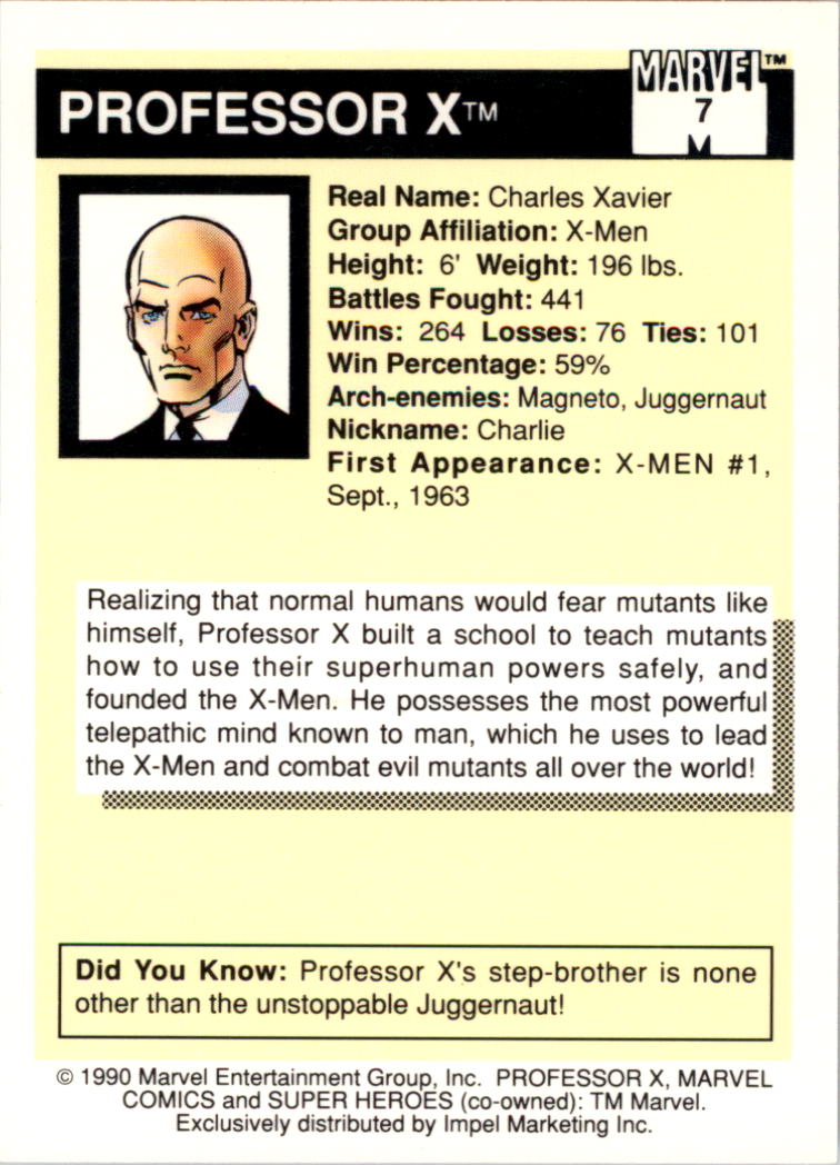 1990 Impel Marvel Universe I #7 Professor X back image