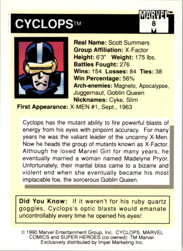 1990 Impel Marvel Universe I #8 Cyclops back image
