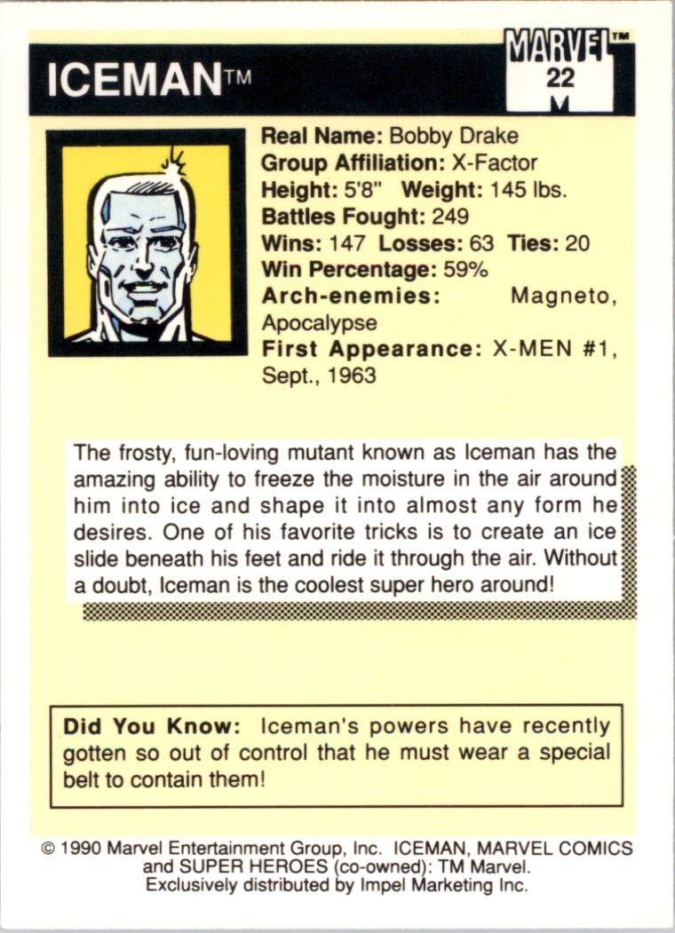 1990 Impel Marvel Universe I #22 Iceman back image