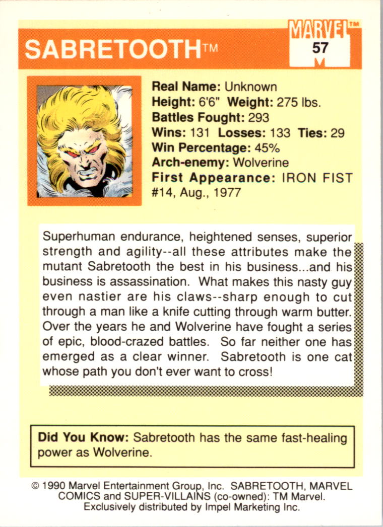 1990 Impel Marvel Universe I #57 Sabretooth back image