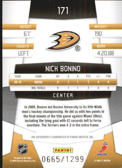 2010-11 Certified #171 Nick Bonino AU RC back image