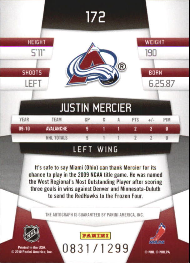 2010-11 Certified #172 Justin Mercier AU RC back image