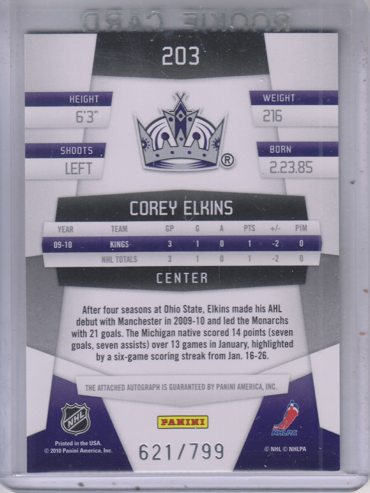 2010-11 Certified #203 Corey Elkins AU RC back image