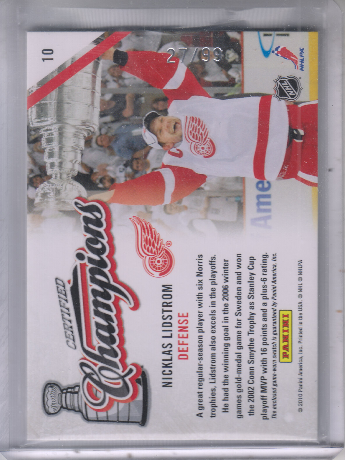 2010-11 Certified Champions Materials #10 Nicklas Lidstrom back image