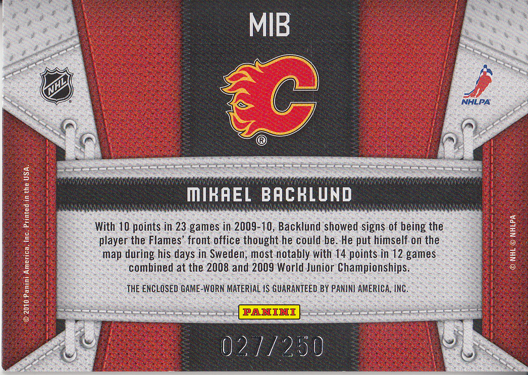 2010-11 Certified Fabric of the Game #MB Mikael Backlund back image