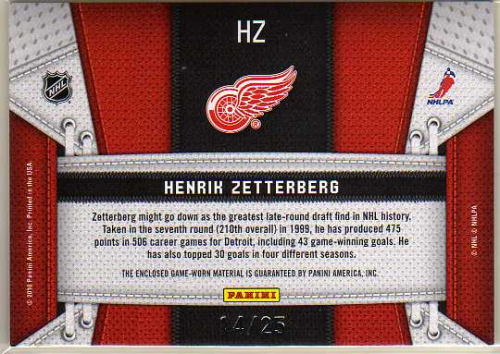 2010-11 Certified Fabric of the Game Jersey Number #HZ Henrik Zetterberg back image
