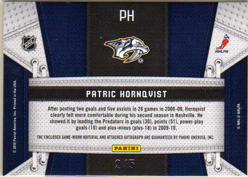 2010-11 Certified Fabric of the Game Jersey Number Autographs Prime #PH Patric Hornqvist back image