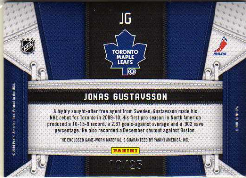 2010-11 Certified Fabric of the Game NHL Die Cut #JOG Jonas Gustavsson back image