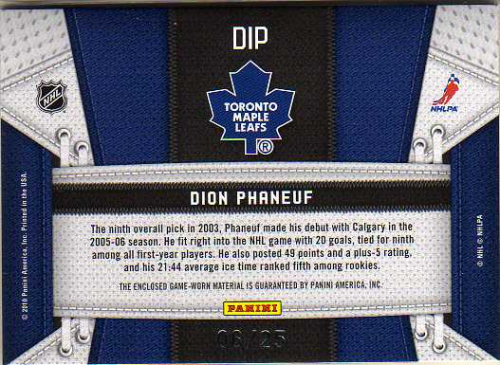 2010-11 Certified Fabric of the Game Prime #DIP Dion Phaneuf back image