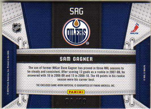 2010-11 Certified Fabric of the Game Team Die Cut Prime #SG Sam Gagner back image