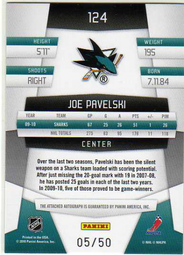 2010-11 Certified Mirror Blue Signatures #124 Joe Pavelski back image
